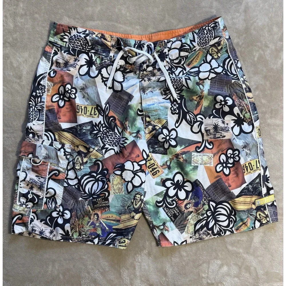 Solitude Boardshorts Mens 34 Hawaii License Plate Floral Print Drawstring Trunks